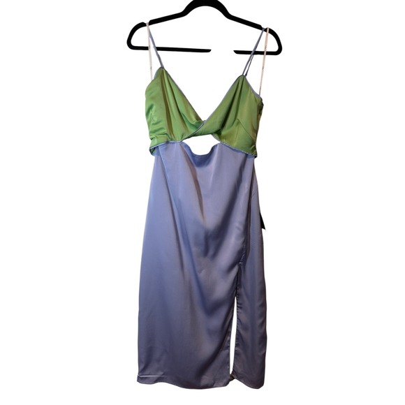 NWT Lulu's Perfect Pairing Light Blue Colorblock Satin Cutout Midi Dress Large - Picture 11 of 13